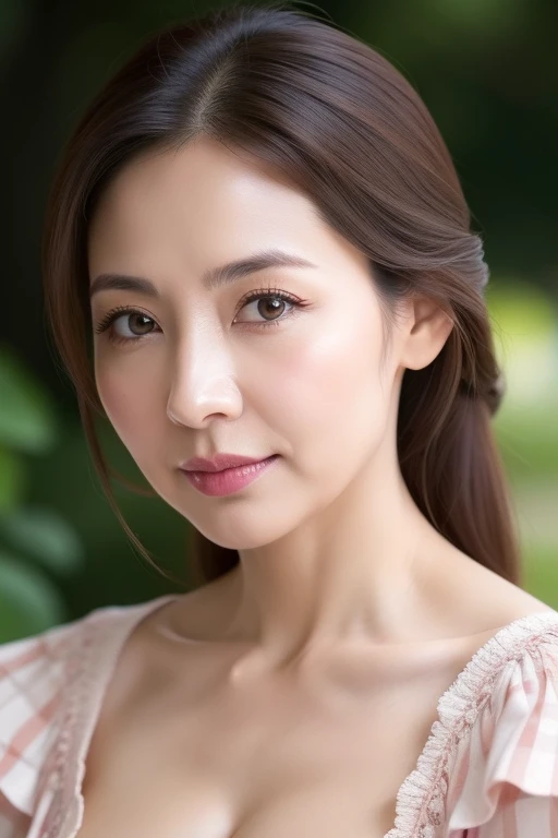 gravure, from the chest up, masutepiece, Best Quality, Ultra-detailed, Photorealistic, super detailed skin, Perfect Anatomy, (1 japanese mature woman), (Solo), sixty years old, (Wrinkles at the corners of the eyes:1.3), Large breasts, A MILF, glamor, A sexy, Chromo-white skin, Looking at Viewer、独奏, huge-breasted, cleavage of the breast, Pose with your buttocks facing you, Knitted off-the-shoulder dresses, Beautiful natural places, Around the position of the flower, (细致背景), huge-breasted, cleavage of the breast,blurry backround, bblurry, ngel, Plaid, shortsleeves, JK ribbon on neck, brown colored long hair,jewely, cparted lips, s lips, depth of fields