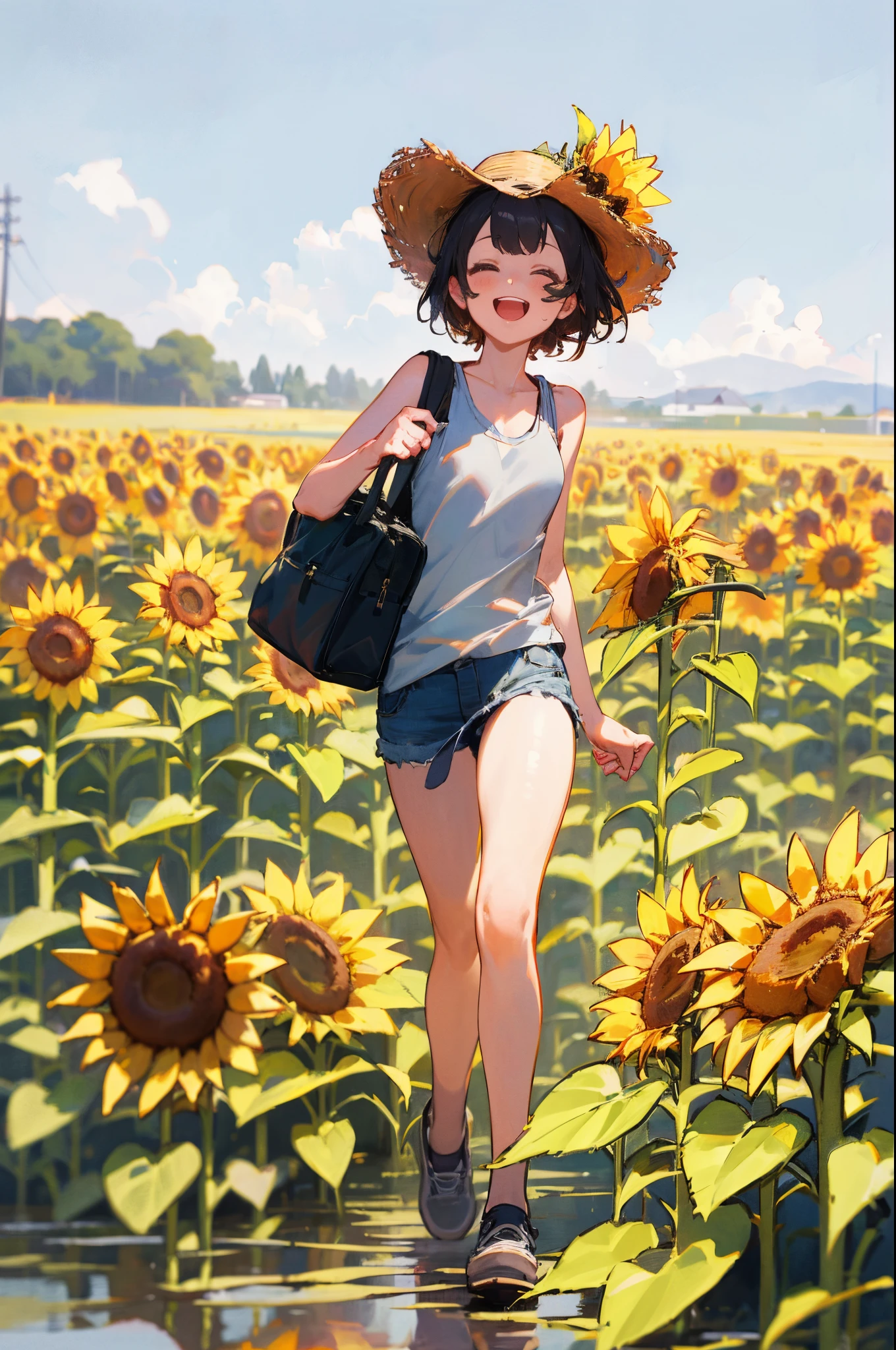 (outdoor, summer, sunflower:1.2, Paddy field), 1girl, tank top, school bag, walking, (laugh), masterpiece, best quality, 8k, perfect anatomy
