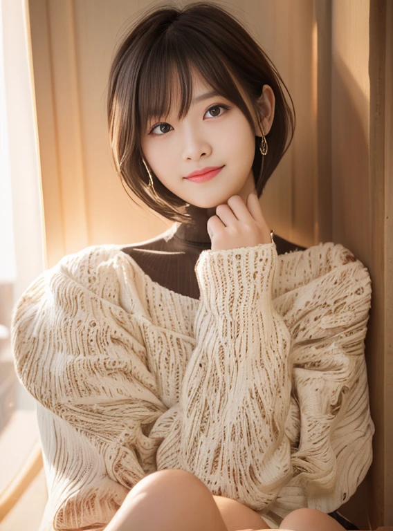 A dark-haired、Brown hair、hightquality、8K、masuter piece:1.3))、1人の女性、25years old、A slender、T-shirt Beautiful Girl:1.3、(hairstyle on:Beige、Very Shorthair、、small tits )、Plain clothes T-shirt:1.2、White wall background、hyperdetailed face、A detailed eye、Double eyelids、Cute smile、Hair Model Styles、Oblique face、Very short hairstyles、Shorthair、Mashed Hair、fluffy hair、japanes、Like a real photo、Large piercings、Close-up view of white T-shirt costume、Oblique profile、Stronger gaps in the hair、1 female、Clear skin