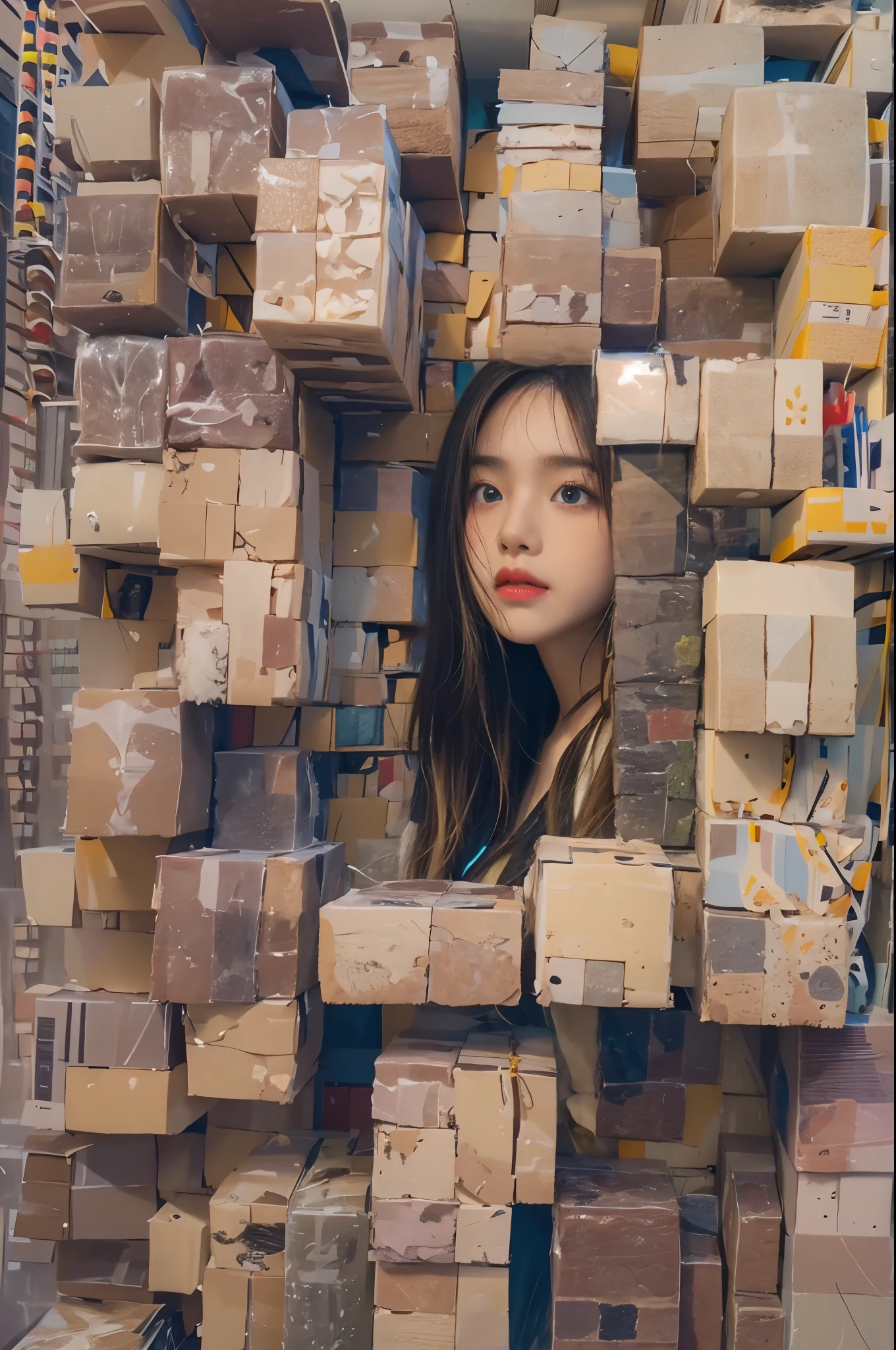 Create a unique composition featuring a 28-year-old beautiful-faced woman with a sad expression and tousled brunette hair。。。。. Use a large amount of square blocks in an unconventional arrangement. Feel free to consider unrealistic approaches in your artwork.The body collapses into blocks
