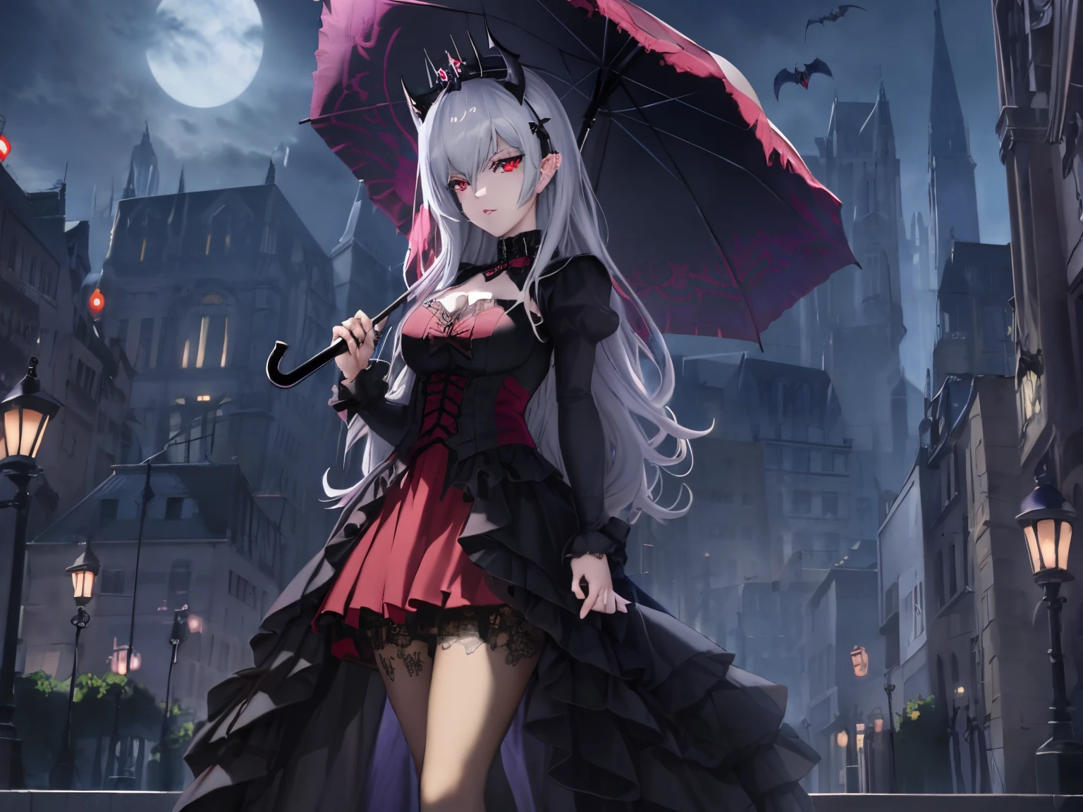 Anime girl in gothic dress holding an umbrella in the city, Gothic Maiden anime girl, beautiful vampire queen, from girls frontline, an elegant gothic princess, from arknights, cushart krenz key art feminine, artwork in the style of guweiz, beautiful vampire female queen, Trending on ArtStation pixiv, demon anime girl