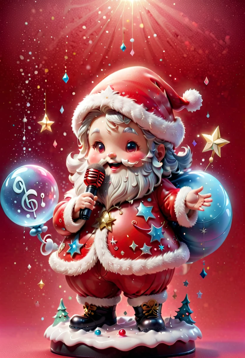 chalk gray style, ((1 glowing magical cute Santa Claus)),((Singing with a microphone)), ((Syllable symbols floating in the air)),christmas ornaments, glittery, Floating particles,Snowy days,red gradient background, 8K, Irridescent color, kawaii, cute big breasts, number art, high qulity, The is very detailed, 3Drenderingof,Bright colorinimalist style,Disney style,translucent