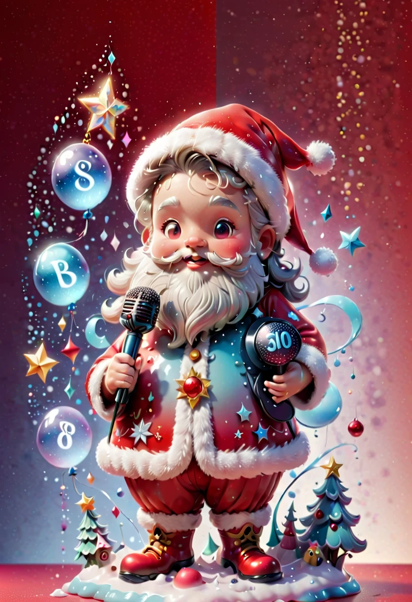 chalk gray style, ((1 glowing magical cute Santa Claus)),((Singing with a microphone)), ((Syllable symbols floating in the air)),christmas ornaments, glittery, Floating particles,Snowy days,red gradient background, 8K, Irridescent color, kawaii, cute big breasts, number art, high qulity, The is very detailed, 3Drenderingof,Bright colorinimalist style,Disney style,translucent