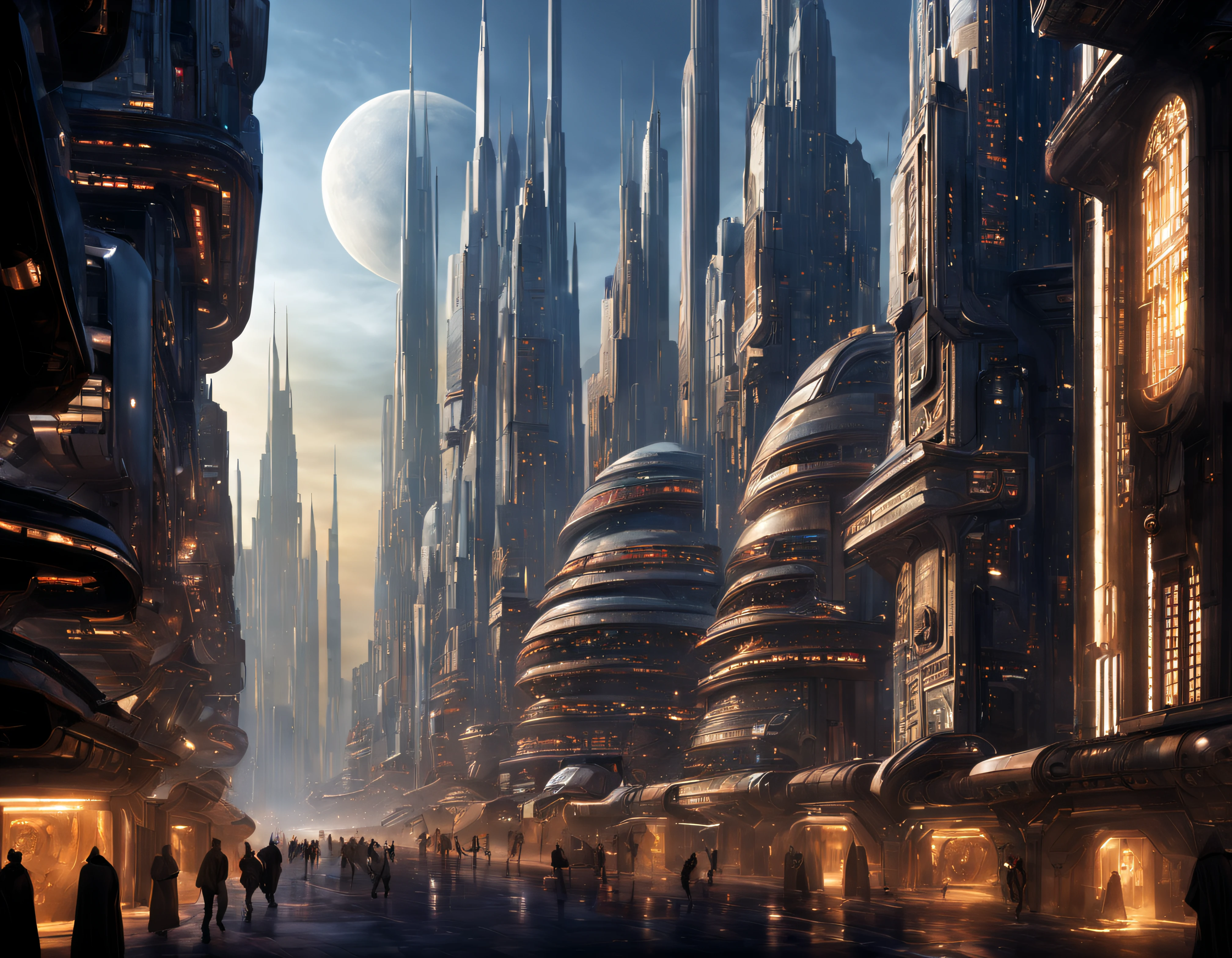 (The city of Coruscant from Star Wars as designed by Doug Chiang), futuristic fantasy city with immense buildings of technological design (que forman una avenida infinita), edificios compactor no difuminados con aspecto metalico, luces en ventanas en edificios, iluminacion diurna con sol, con estructuras acristaladas espectaculares, (con colores vivos). pavimento ensolado (sin brillo). gente paseando. imagen bien definida con muchos edificios juntos. imagen nitida bien definida 8k. los edificios llegan alta el fondo.,8k. imagen cinematografica
