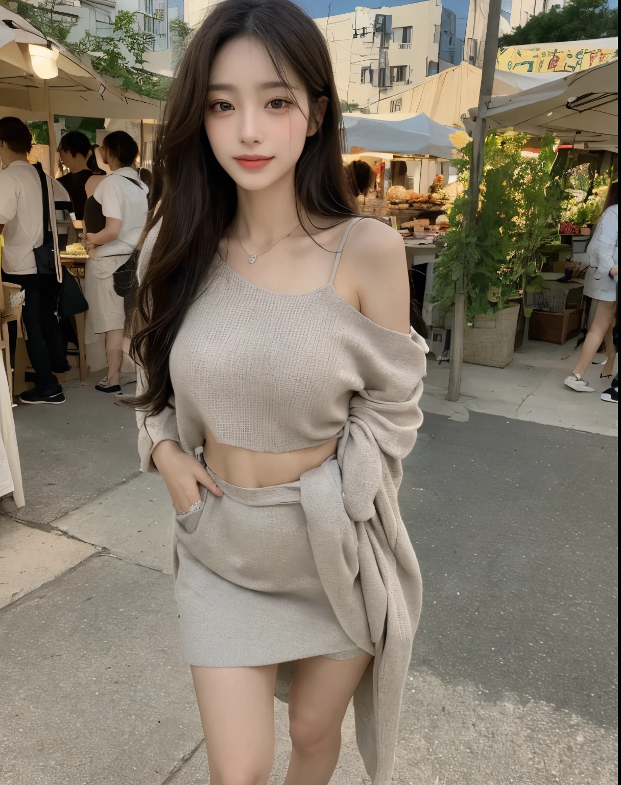 (((Best Quality, 8K, Masterpiece: 1.3,)), high-definition facial features, delicate facial feature, 1girl, Slim Abs Beauty: 1.3, ((long hair, natural hair)), ((((wearing sexy casual outfit))), Fine Face, (((Delicate Eyes))), Double Eyelids, Smile, looking at the viewer, (full body 1.5), ((market))), ((((natural background)))), (standing), bare legs, medium breast