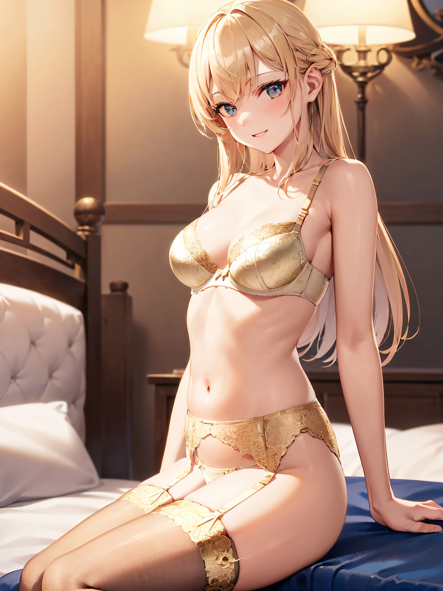 (masterpiece,Best Quality:1.8),(8K,superfine illustration:1.5),(very clear picture:1.5),(ultra-detailliert:1.8),(A woman who draws beautiful pictures),Sexy cute girl,Smile:1.6,(Delicately drawn lingerie:1.6),(Metallic Gold,bra very:2.0),(Metallic Gold,Scanty:2.0),(Metallic Gold,garter belt taric gold、Stockings:2.0),(sexy pose:1.5),(Bedrooms:1.6),sitting on a bed,Dynamic Angle,Random position,blue tone、