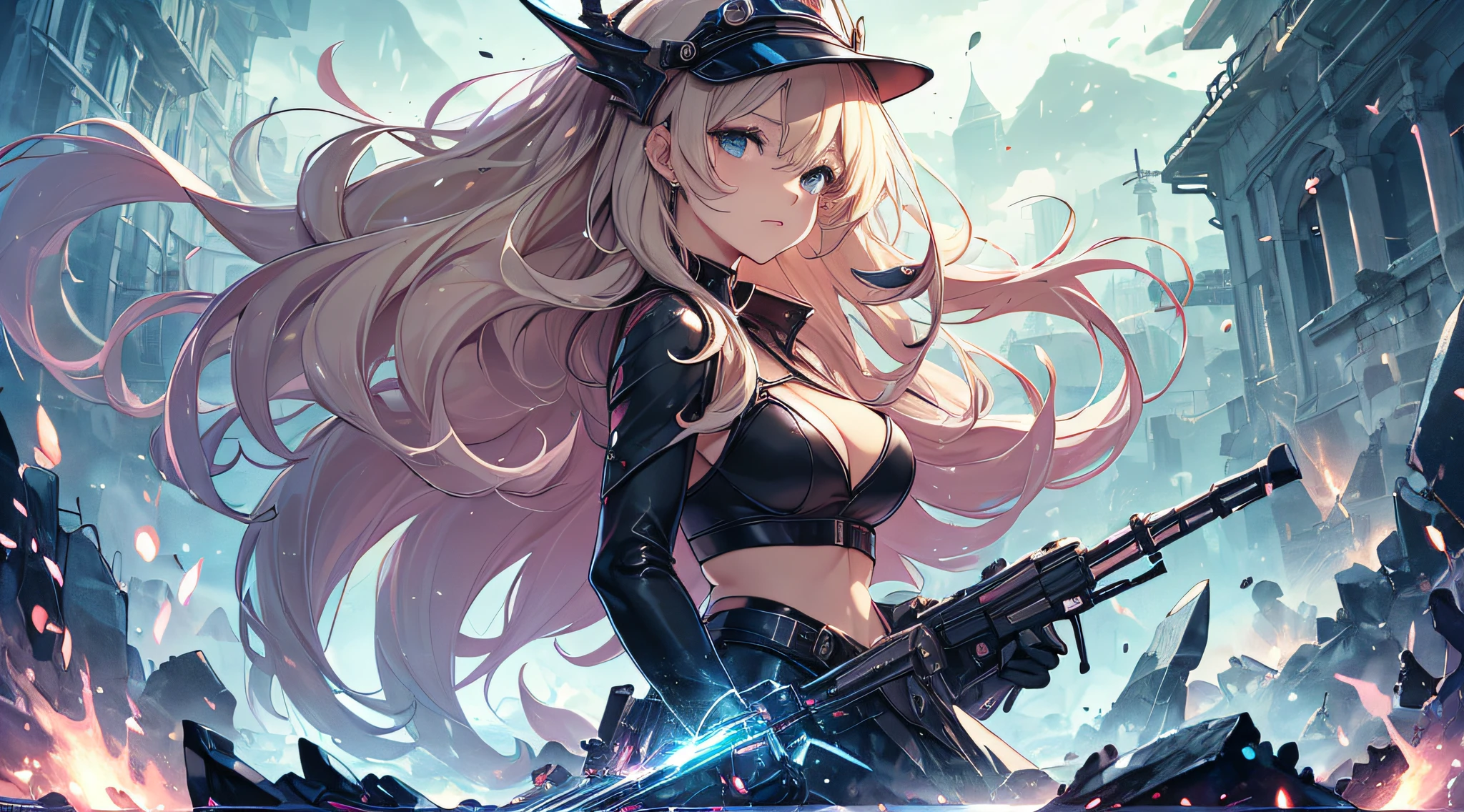 top-quality、Top image quality、​masterpiece、Teenage girl((Long coat in black、Black Leather Sports Bra、Shining red body line、black leather glow black leather pants、18year old、 Ager、Best Bust、big bast,Beautiful light blue eyes, Long Blonde Hair、A slender,Large valleys、Reflecting the whole body、black mechanic helmet、Black visor、With revolver、fighting poses)),hiquality、Beautiful Art、Background with((Dark world、Darknesian dragon army、demon realm))​masterpiece、depth of fields,Japan Anime Style