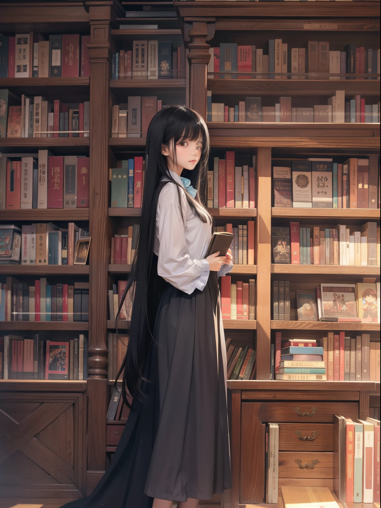 Top image quality　Original Characters、Long Black Hair、Used Bookstore、bookcase、Vintage, standing in front of tall bookcases