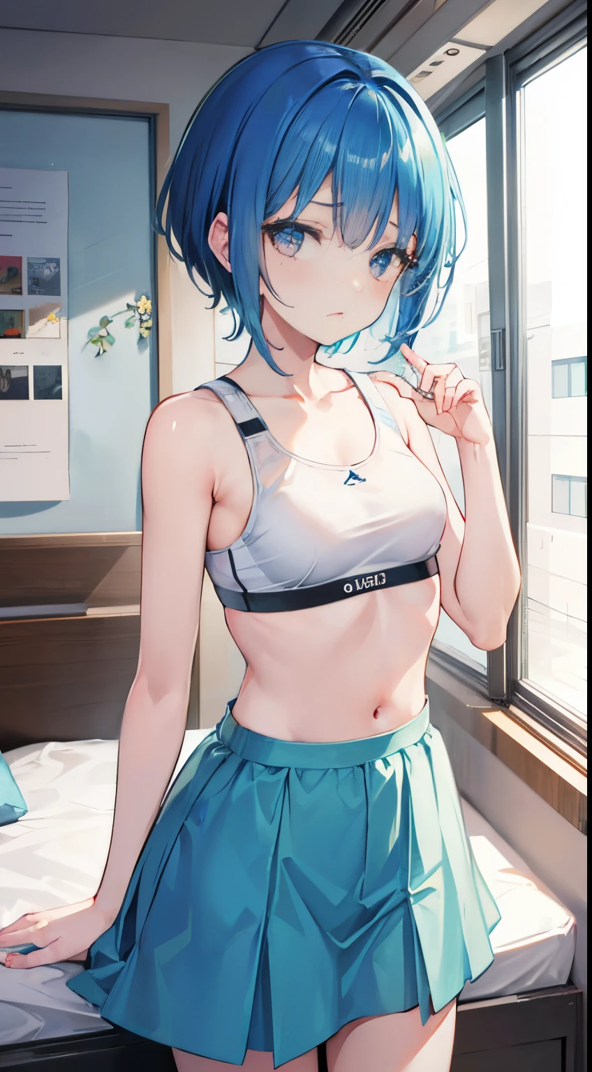 1girl in,teens girl,小柄,small tits,Blue hair,short-haired,straight haired,Okappa,deadpan,Schools,ultrasharp, 8K, masutepiece,On bedding,Sportsbra,wet with sweat