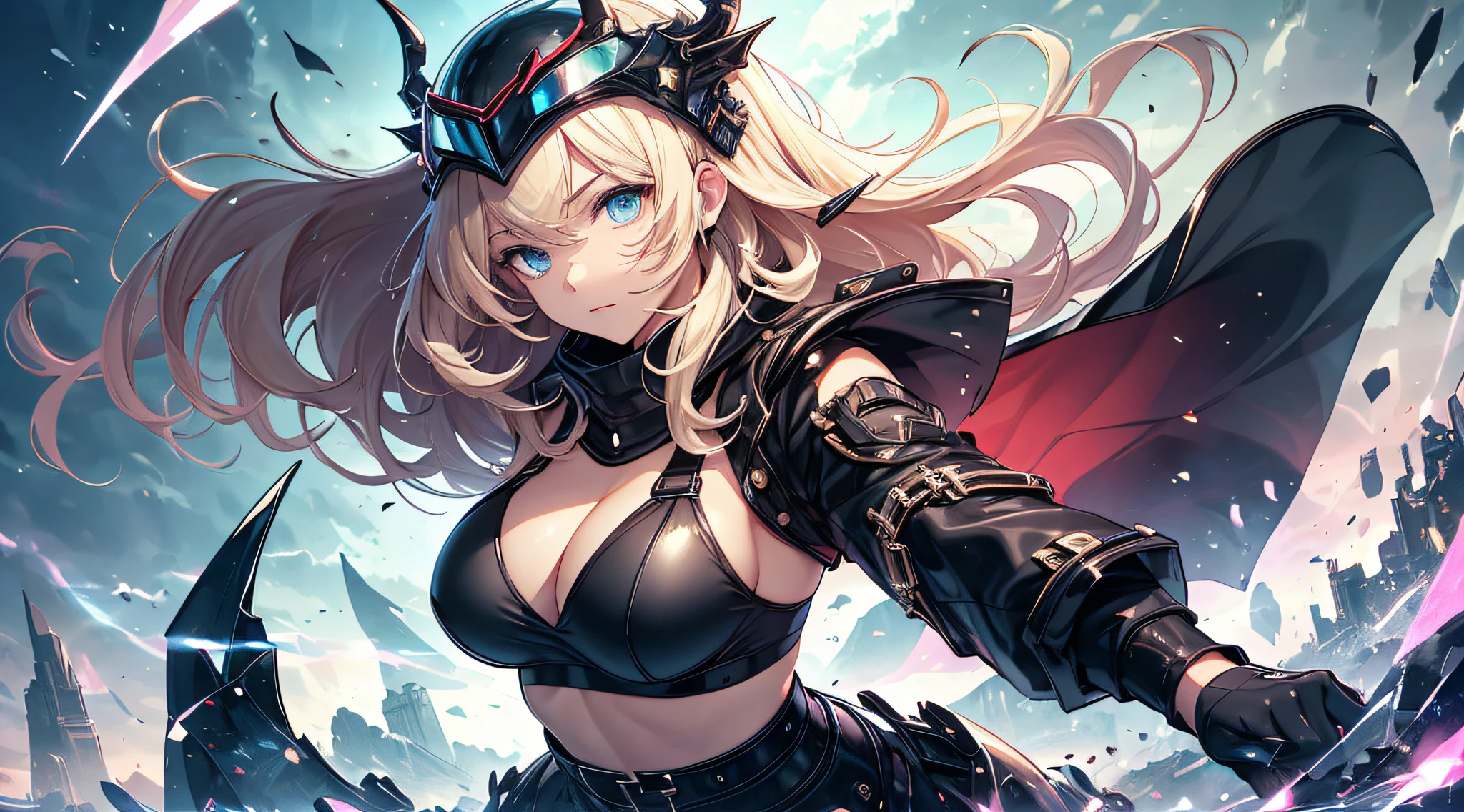 top-quality、Top image quality、masterpiece、 girl((black mechanic body、Shining red body line、Thorny armor、18year old、 Ager、Best Bust、big bast,Beautiful light blue eyes, Long Blonde Hair、A slender,Large valleys、Reflecting the whole body、black mechanic helmet、Airu main cable is equipped with a glossy black visor、mechanical red sword、mechanic blackwing)),hiquality、Beautiful Art、Background with((research complex、Mechanical Laboratory、bio research))masterpiece、depth of fields,