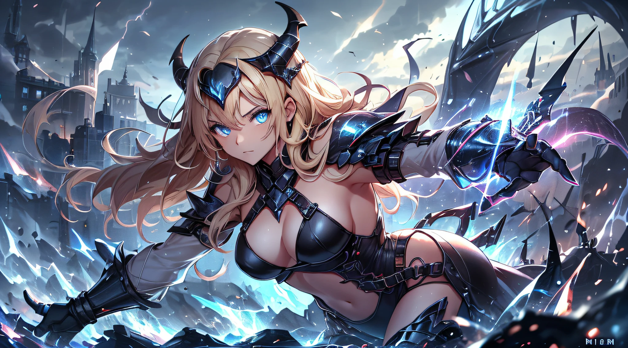 top-quality、Top image quality、​masterpiece、 girl((Black jacket、black mechanic body、Shining red body line、Black Bikini Armor、18year old、 Ager、Best Bust、big bast,Beautiful light blue eyes, Long Blonde Hair、A slender,Large valleys、Reflecting the whole body、black mechanic helmet、Black visor、mechanical red sword、Black wings、rear cable、mid air、flying though the air,fighting poses)),hiquality、Beautiful Art、Background with((Dark world、Darknesian dragon army、demon realm))​masterpiece、depth of fields,Japan Anime Style