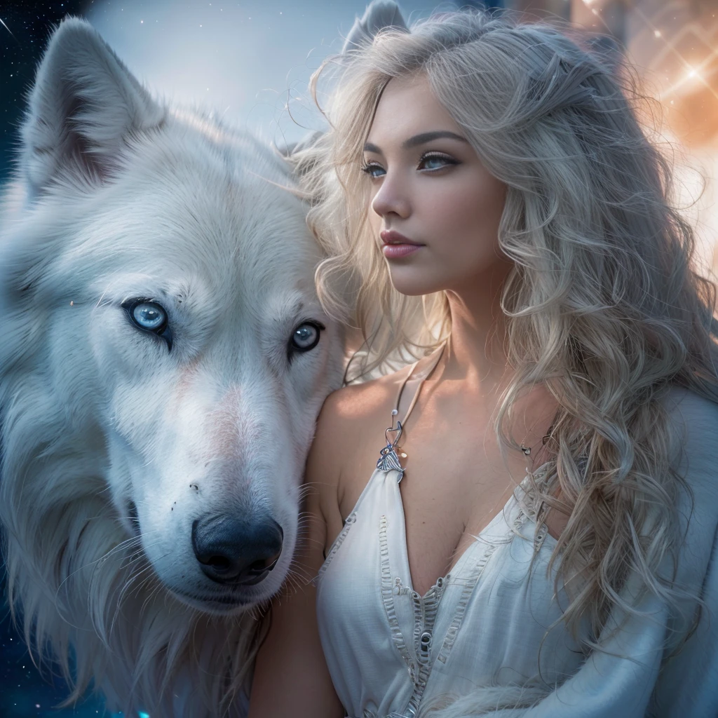Goddess Venus de Milo and the Wolf, ((A white wolf stands next to a girl)), (huge wolf) , (a huge white wolf guards a beautiful young girl), The white wolf's fur glows with silver sparks, motion, running in front, forward bend, (Venus de Milo), (NSFW), a goddess, blue eyes, (VERY Young Girl), ((girl )) lips ajar, blue eyes, Blonde girl, very long curly hair, board transparent, transparent air pay, silver collar, silver belt, greek sandals, silver sandals, starry sky background, A lot of stars, background Orion Nebula, Two moons, Orion Nebula, go star trek, the milky way is at your feet. Full Growth Photo, Panoramic view, (Masterpiece: 1.5) (Photorealistic: 1.1) (Best Quality) (detail skin texture, pores, hairsh: 1.1) (Intricate) (8K) (HDR) (wallpapers) (Cinematic lighting) (sharp-focus)