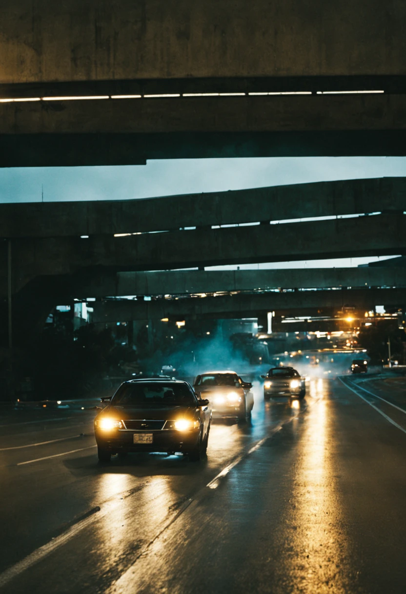 Onto the Freeway: John enters a busy freeway, the gang hot on his trail.
Dangerous Maneuvers: John navigates through traffic, narrowly avoiding collisions and utilizing his driving skills to evade the gang's attempts to corner him, night, cinematic, lens flare, good angle,
