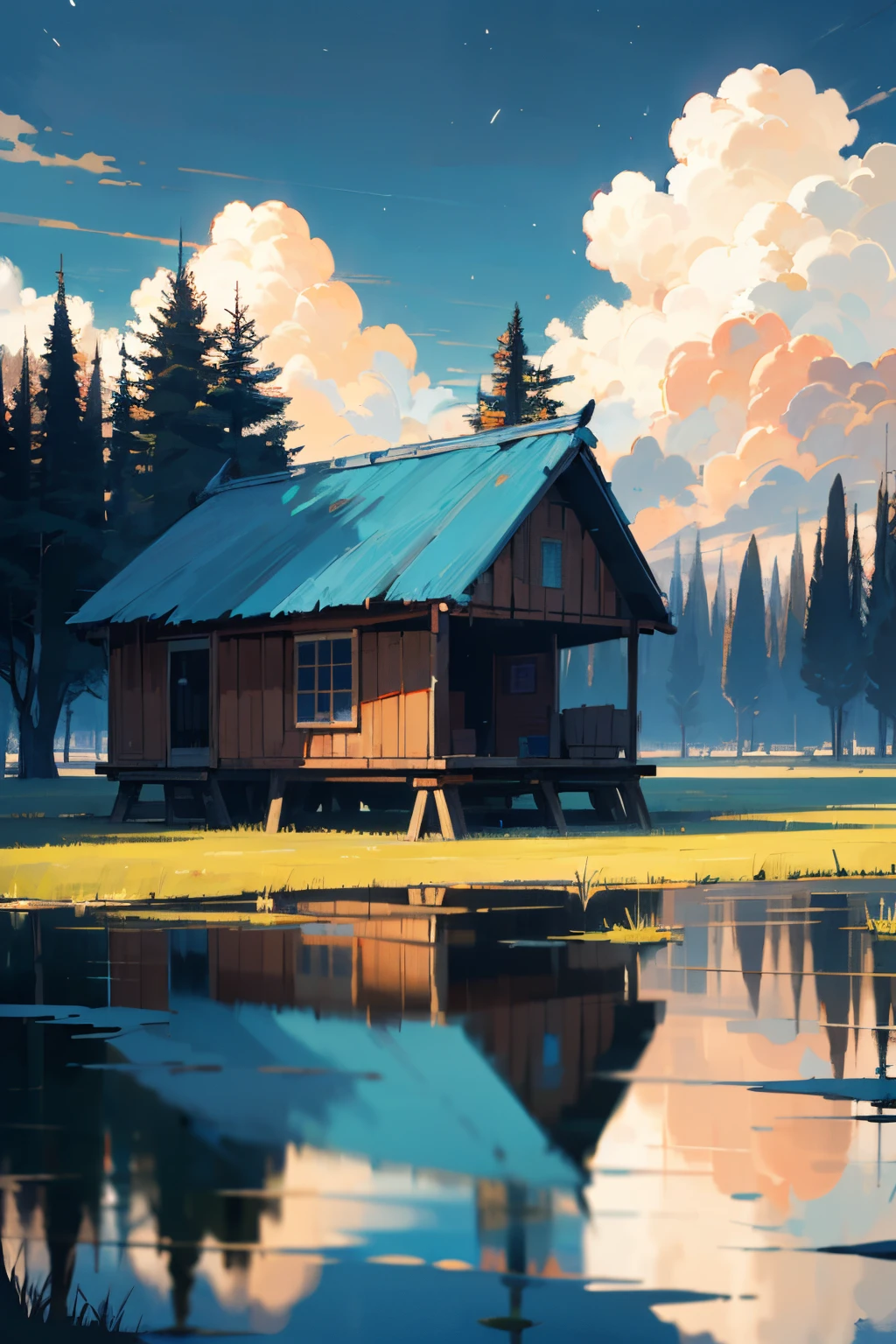 wide view (anime scene) of a hut in the woods with pine trees, vintage car, lagoon, refection, dark, cloudy sky, night, fencing, no human, masterpiece, beautiful color palette