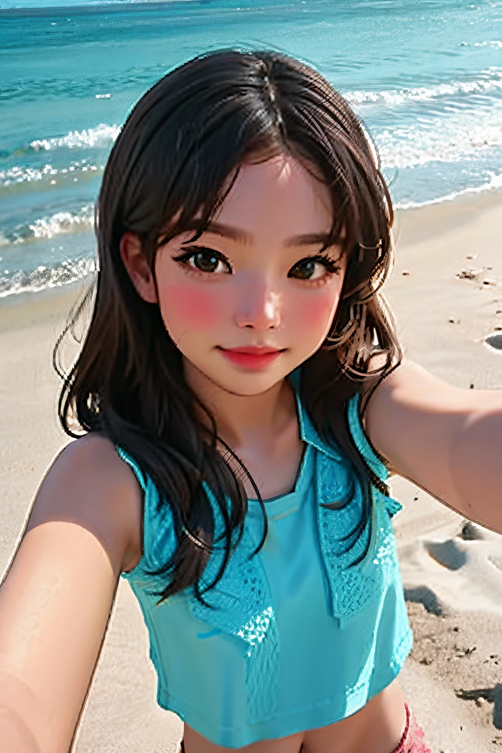 portlate, background; Plane wreckage on stormy deserted beach, , partial school blouse and skirt, soaking wet, bra can be seen, lost expression、Tied in Ponytail、Young shiny shiny white shiny skin、Best Looks、Dark reflected light、Platinum Dark hair with dazzling golden highlights、shiny light hair,、Super long silky straight hair、Beautiful bangs that shine、Glowing crystal clear attractive big blue eyes、Very beautiful nice cute 14 year old girl、small medium bust, slim hips