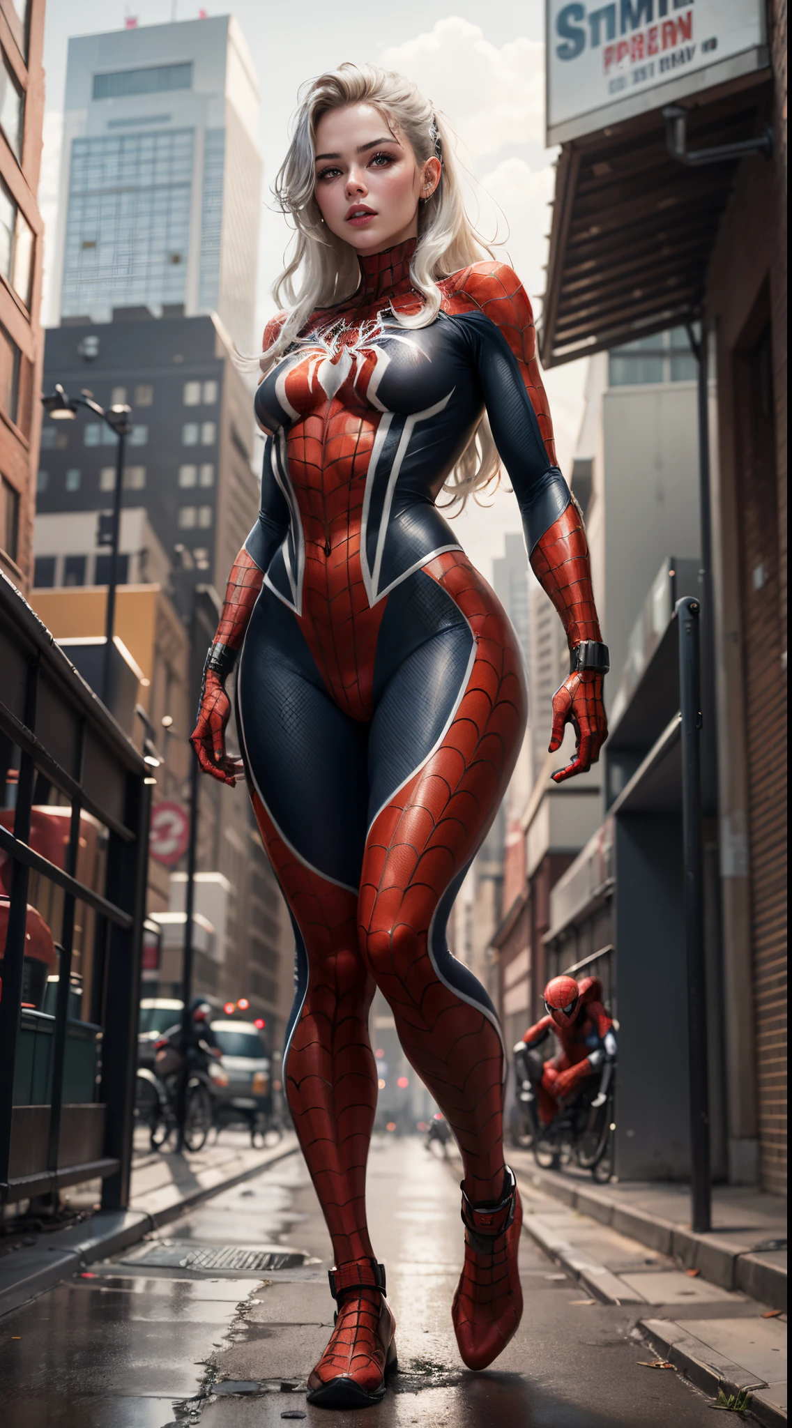 4k, realistic, carismatic, very detail, there is a girl on top city, wearing spiderman costum, she is a spiderman, white super hero theme, white long hair, 25 years old, full body