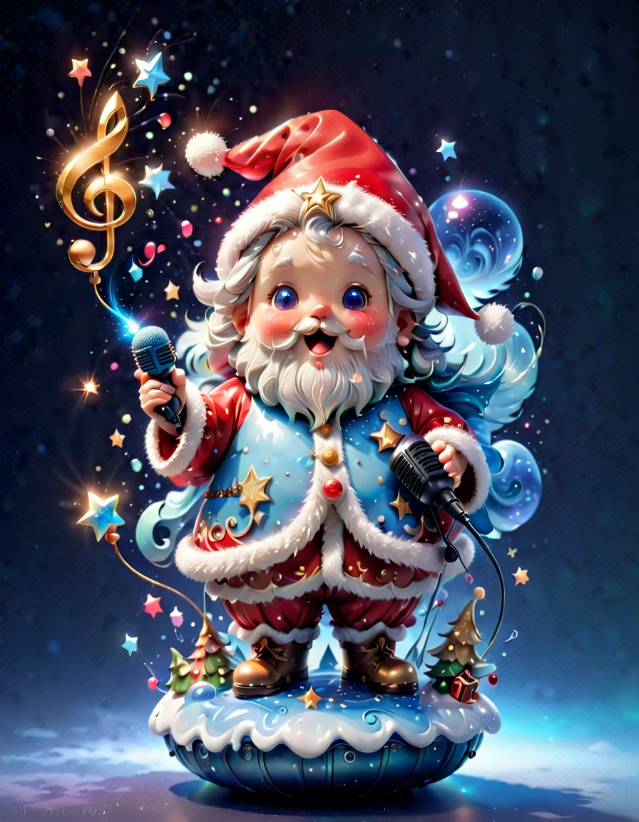 chalk gray style, ((1 glowing magical cute Santa Claus))，((Singing with a microphone)), ((Syllable symbols floating in the air))，christmas ornaments, glittery, Floating particles，yuki，blue-sky, 8K, Irridescent color, kawaii, cute big breasts, number art, high qulity, The is very detailed, 3Drenderingof，Bright colorinimalist style，Disney  style，translucent