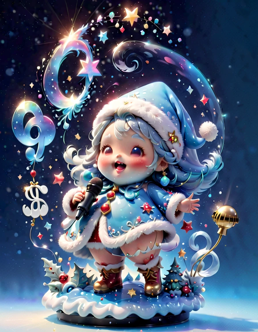 chalk gray style, ((1 glowing magical cute Santa Claus))，((Singing with a microphone)), ((Syllable symbols floating in the air))，christmas ornaments, glittery, Floating particles，yuki，blue-sky, 8K, Irridescent color, kawaii, cute big breasts, number art, high qulity, The is very detailed, 3Drenderingof，Bright colorinimalist style，Disney  style，translucent