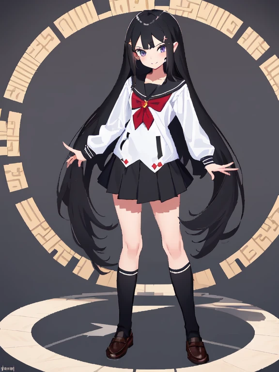 pixel art, pixel world, 1 , 12 y.o, (Skindentation), from_center, (beautiful long black straight hair), soft smile, perfect hands with 5 fingers, (junior high school outfits:1.5), full body image, dynamic pose, sensual pose, (standing fullbody image), masterpiece, best quality, 8k, ultra high resolution, ultra detailed
