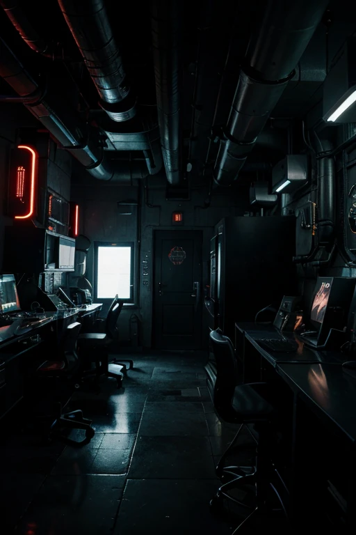 dark cyberpunk lab, many technological devices, not enough lighting, 4k ultra quality