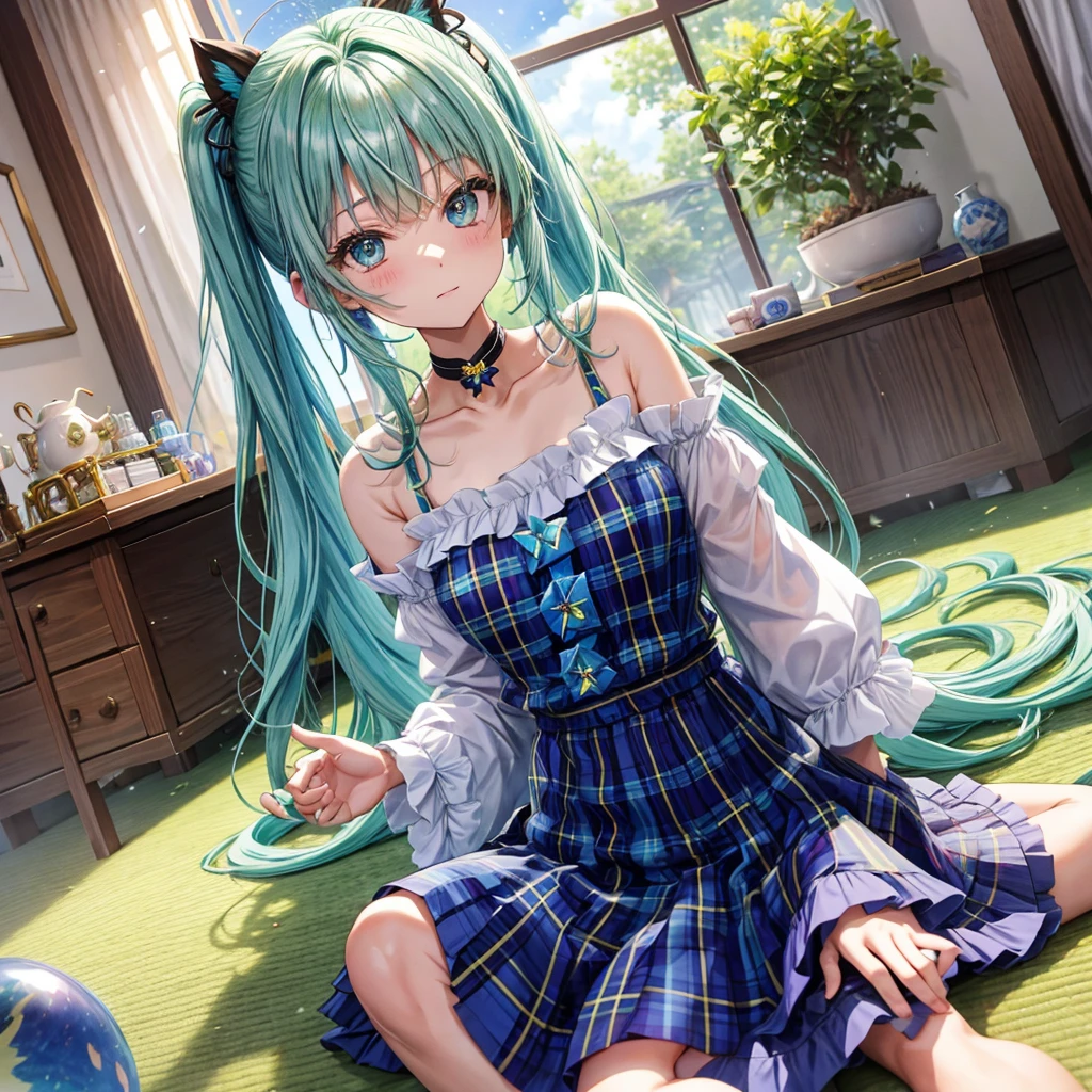 Blue-green hair、poneyTail、verd s eyes、one good looking girl、独奏、animesque、lightly dressed、Plaid miniskirt、a black T-shirt、fullmoon、Meteor swarm、large tree、Glittering starry sky、rainbow butterfly flying、Colorful marbles、sitting on、golden castle、flower petals、thread、Skysky、inside in room、Tea