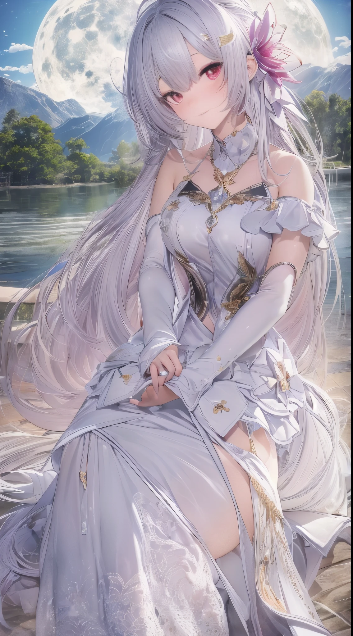 highres, highest quallity, cinematic light, ultra detailed, detailed face, (detailed eyeest quality, hyper detailed, masterpiece, (detailed face),1girl, girl,red eyes, highest details, luminous eyes, high breats, sitting, full moon, backlighting, light rays, (high contrast), (colorful),Voluptious body, Good anatomy,iintricate,long hair,in spring,night,Alps,flowers meadows,hyper_galaxy,starry_sky,cloud,no_wings,bishoujo,light_blush,slit_pupils,slender_waistseductive_smile,absurdres,Gorgeous white formal dress,intricate details,detailed face and eyes,Gorgeous jewelry ornaments,Very Long voluminous Hair,perfect lighting,white hair,鎖骨,Ray traching,ctextured skin,high detal,Best quality 4K,pastelcolor,Fairy skin,
