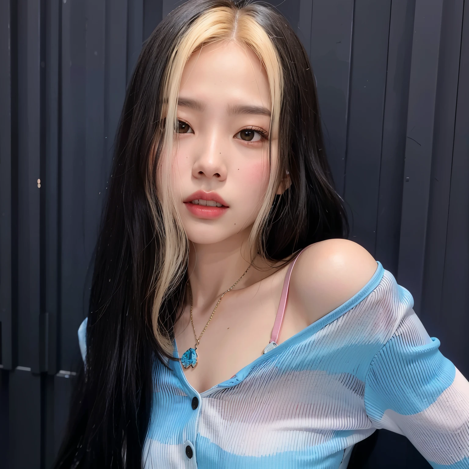 Blonde girl with blue scarf and white top posing for a photo with hazel eyes., roseanne park by blackpink, with long blonde hair, jossi de blackpink, with long white hair, lalisa manobal, heonhwa choe, jaeyeon nam, with long white hair, with long hair, kim taejin, Lalisa Manoban of Blackpink, Sakimichan, tanned skin, small shoulders with big breasts with a mini waist and big hips