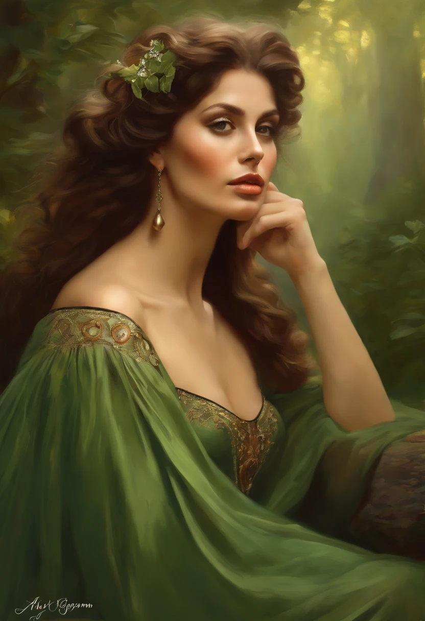 Painting of a beautiful and sexy woman, green eyes, ((with long medusa hair, falling over her shoulders)) and an embroidered dress, ((Spanish gypsy, from the Victorian Era)), ((Sophia Loren style)), wearing a dress with a corset and embroidery, in the background forest and flowers, Bowater art style, baroque digital painting, Renaissance digital painting, masterpiece! inspired by Franz Xaver Winterhalter, inspired by Friedrich von Amerling, beautiful character painting, beautiful digital painting, inspired by Thomas Lawrence, beautiful yywater painting, refraction, reflections, mirrors, prisms, sunlight, bright lights!! Complex, elegant, highly detailed digital painting, art station, concept art, sharp and soft focus, illustration, art by ( ( ( ( Artgerm ) ) ) ) and ( Greg Rutkowski )! and (((Alphonse Mucha))), eyes reflecting in eyes reflecting to infinity