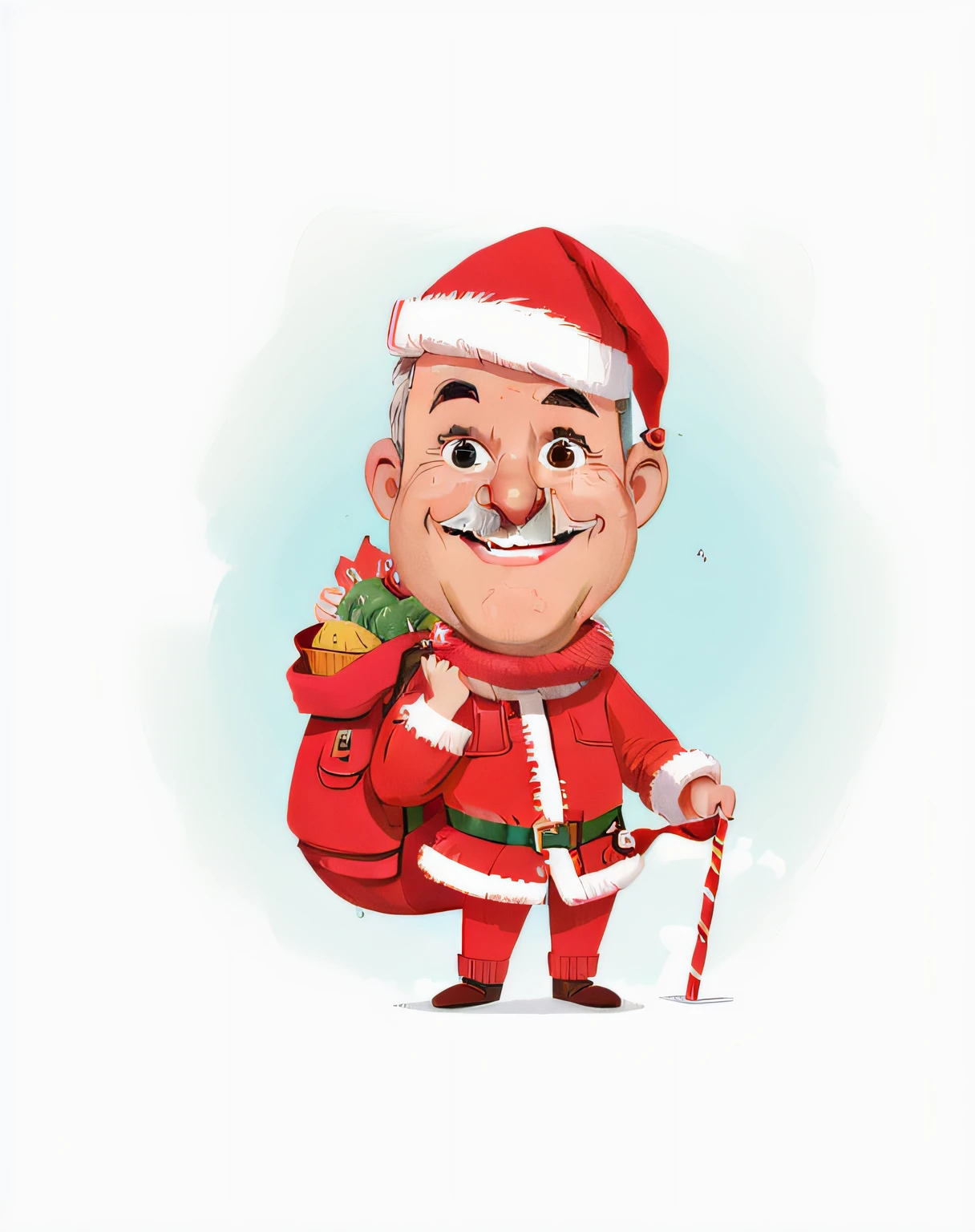 caricatura de um homem vestido de papai noel com uma bolsa vermelha nas costas cheia de presente