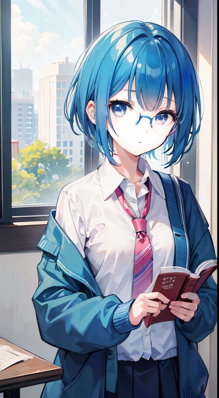 1girl in,teens girl,小柄,,Blue hair,short-haired,straight haired,Okappa,deadpan,Schools,ultrasharp, 8K, masutepiece,校服,Cardigan、read a book,eye glasses,neck tie