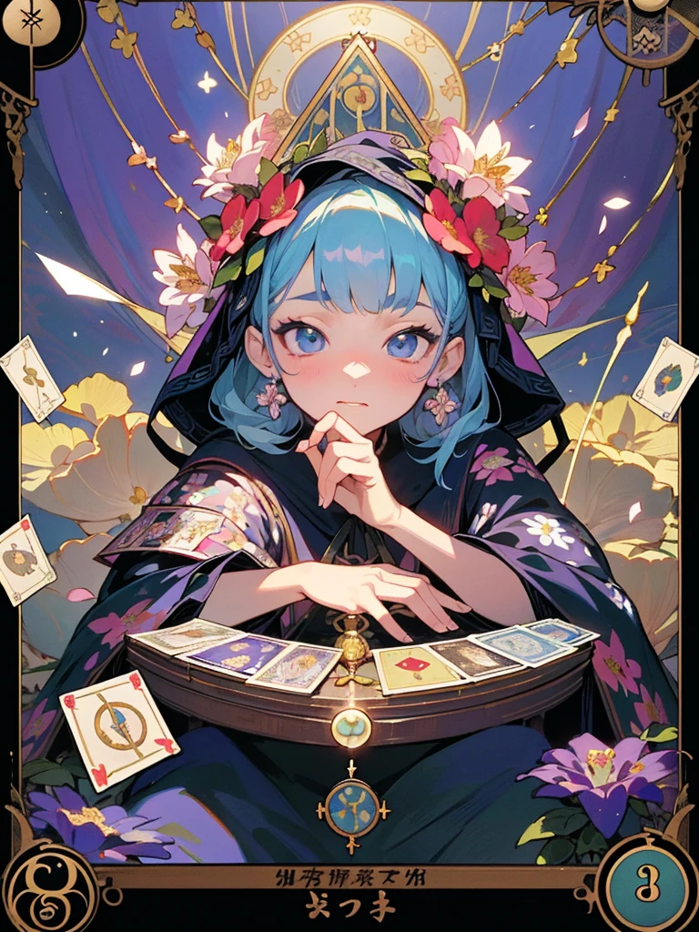 top-quality、​masterpiece、hight resolution、perfect  detail、(extremely fine and beautiful:1.1)、(Official Art、beautiful and aesthetics:1.2)、(Fractal art:1.3)、(Lots of floral effects:1.4)、1girl、looking_at_viewer、portlate、独奏、Very vivid colorful、(Many Floral Effects:1.3)、a lot of petals、beatiful lights、Fine Beauty、(Detailed face with fine eyes:1.1)、(beautiful and clear background: 1.1)、Beautiful female fortune teller and crystal、(Tarot Cards:1.4)、Ren Hao、bow ribbon、Flowers and petals、beautiful concept illustration、A fortune teller&#39;s tent in a dark alley、Under the hood、Ugly old woman in strange gypsy costume sitting at table、Place your hand on the tarot cards and Ouija board