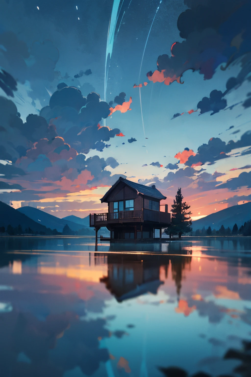 wide view (anime scene) a cabin inside a turquoise lake surrounded  by mountains in pine forest, reflection, dark, cloudy sky, night, no human, masterpiece, beautiful color palette