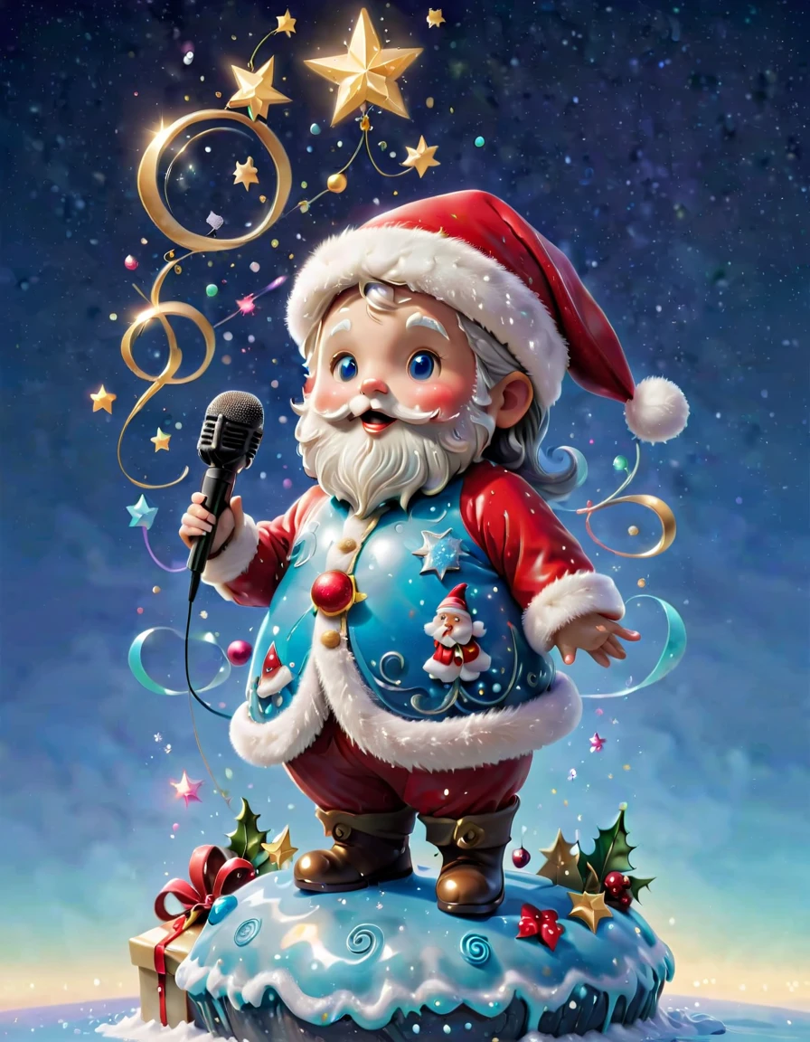 chalk gray style, ((1 glowing magical cute Santa Claus))，((Singing with a microphone)), ((Syllable symbols floating in the air))，christmas ornaments, glittery, Floating particles，yuki，blue-sky, 8K, Irridescent color, kawaii, cute big breasts, number art, high qulity, The is very detailed, 3Drenderingof，Bright colorinimalist style，Disney  style，translucent