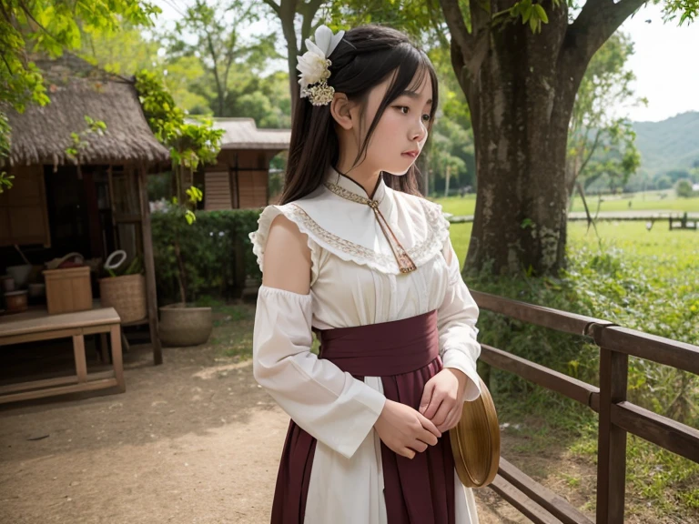 RAW photo of Thai girl, 22 years old., Dressed in period clothes, thailand, scenary, half body details, crisp focus, A little mixing, detaild, Feels like the Middle Ages, (High skin profile: 1,2), 8k UHD, DSLR, Soft light, High Quality, Fujifilm XT3 small grain film.
