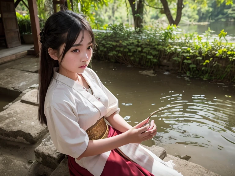 RAW photo of Thai girl, 22 years old., Dressed in period clothes, thailand, scenary, half body details, crisp focus, A little mixing, detaild, Feels like the Middle Ages, (High skin profile: 1,2), 8k UHD, DSLR, Soft light, High Quality, Fujifilm XT3 small grain film.