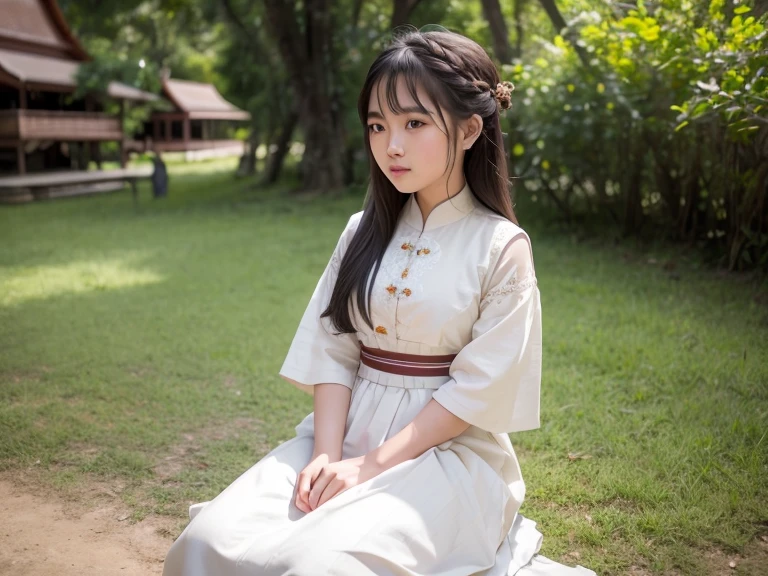 RAW photo of Thai girl, 22 years old., Dressed in period clothes, thailand, scenary, half body details, crisp focus, A little mixing, detaild, Feels like the Middle Ages, (High skin profile: 1,2), 8k UHD, DSLR, Soft light, High Quality, Fujifilm XT3 small grain film.