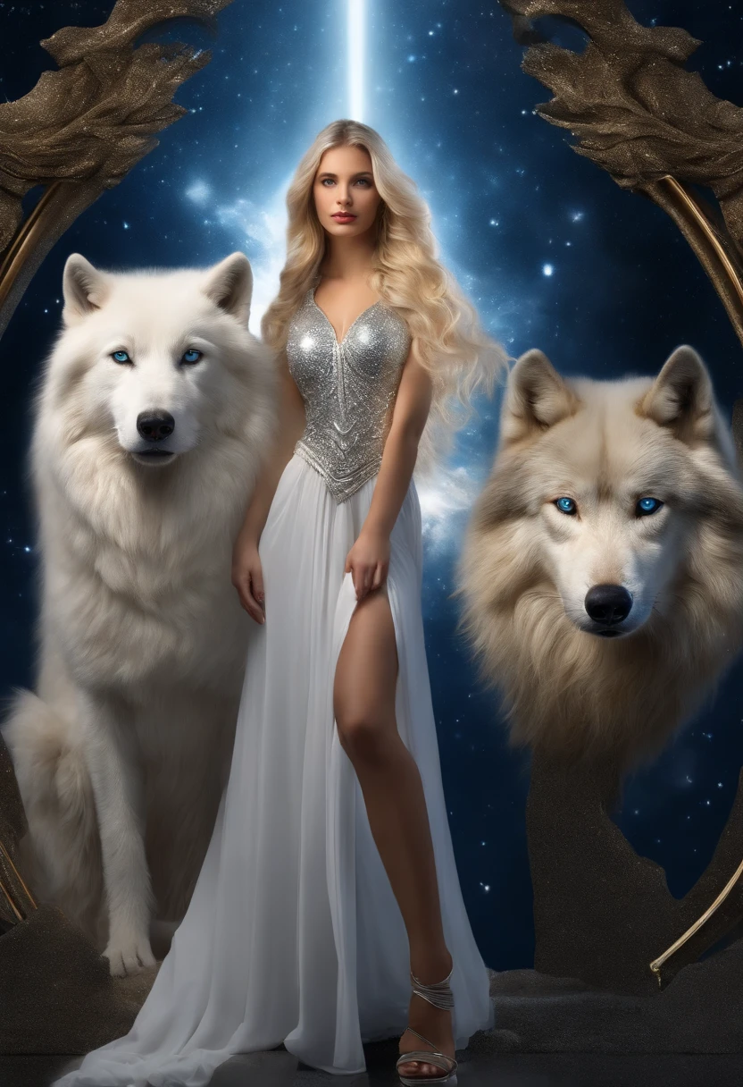 Goddess Venus de Milo and the Wolf, ((White wolf stands next to the girl)), (huge wolf), (huge white wolf guards a beautiful young girl), the fur of the white wolf glows with silver sparkles, movement, running forward, leaning forward, (Venus de Milo ), (NSFW), goddess, blue eyes, (very young girl), ((girl 16 years old)) lips parted, blue eyes, blonde, very long curly hair, transparent dress, transparent airy dress, silver collar, silver belt, Greek sandals, silver sandals, starry sky background, many stars, Orion Nebula background, two moons, Orion Nebula walking along the star path, at the foot of the Milky Way. Full Body Photo, Panoramic View, (Masterpiece: 1.5) (Photorealistic: 1.1) (Best Quality) (Detailed Skin Texture, Pores, Hair: 1.1) (Complex) (8K) (HDR) (Wallpaper ) (cinematic lighting) (sharp) focusing)