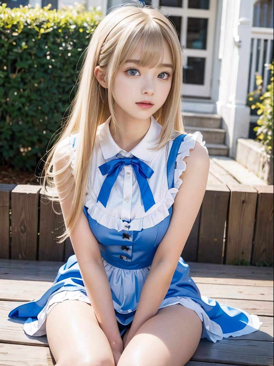 portlate、Alice in Wonderland、Blue sky、Bright and very beautiful face、Young shiny shiny white shiny skin、Best Looks、The most beautiful bright blonde hair in the world、finer hair、Super long silky straight hair、Beautiful bangs that shine、Glowing crystal clear big blue eyes、Very beautiful lovely most beautiful girl in the world、White Apron、Blue Dress、large full breasts