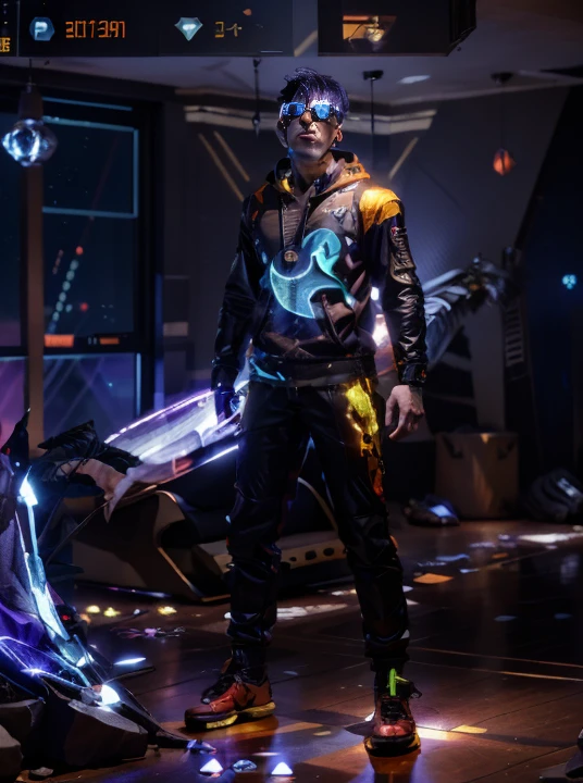 a screenshot of a man in a hoodie and sunglasses standing in a room, lunar themed attire, cyberpunk flame suit, cyber punk setting, energetic varia suit, chrome outfit, mechanic punk outfit, tane skin, cyber universe style, obsidians skin, sci-fi skin, in a dark space mercenary outfit, cyberpunk outfit, cyberpunk style outfit, cyber future jacket