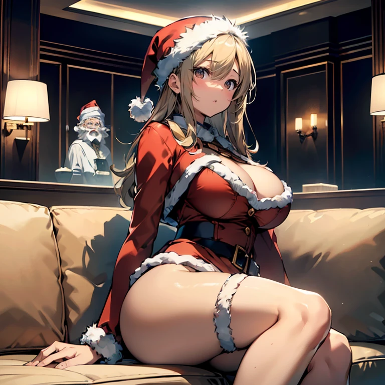 (top-quality,High resolution,(Ultra high definition,4K), (超A high resolution,in 8K),masutepiece:1.2), (Perfect Anatomy,Anatomically accurate), (Photorealistic), (Angle from below), (Soft lighting, rendered), ((((Sitting on a sofa in the lobby of a luxury hotel, Open your legs and show your butt)))), (1 Cute High School Girl), High-definition beauty face, (santa claus), Cute torn panties, ((Cosplay costumes)), (Crisp double eyelids), (fascinated expression), (Large breasts:1.3),(Soft skin), (Glowing skin)