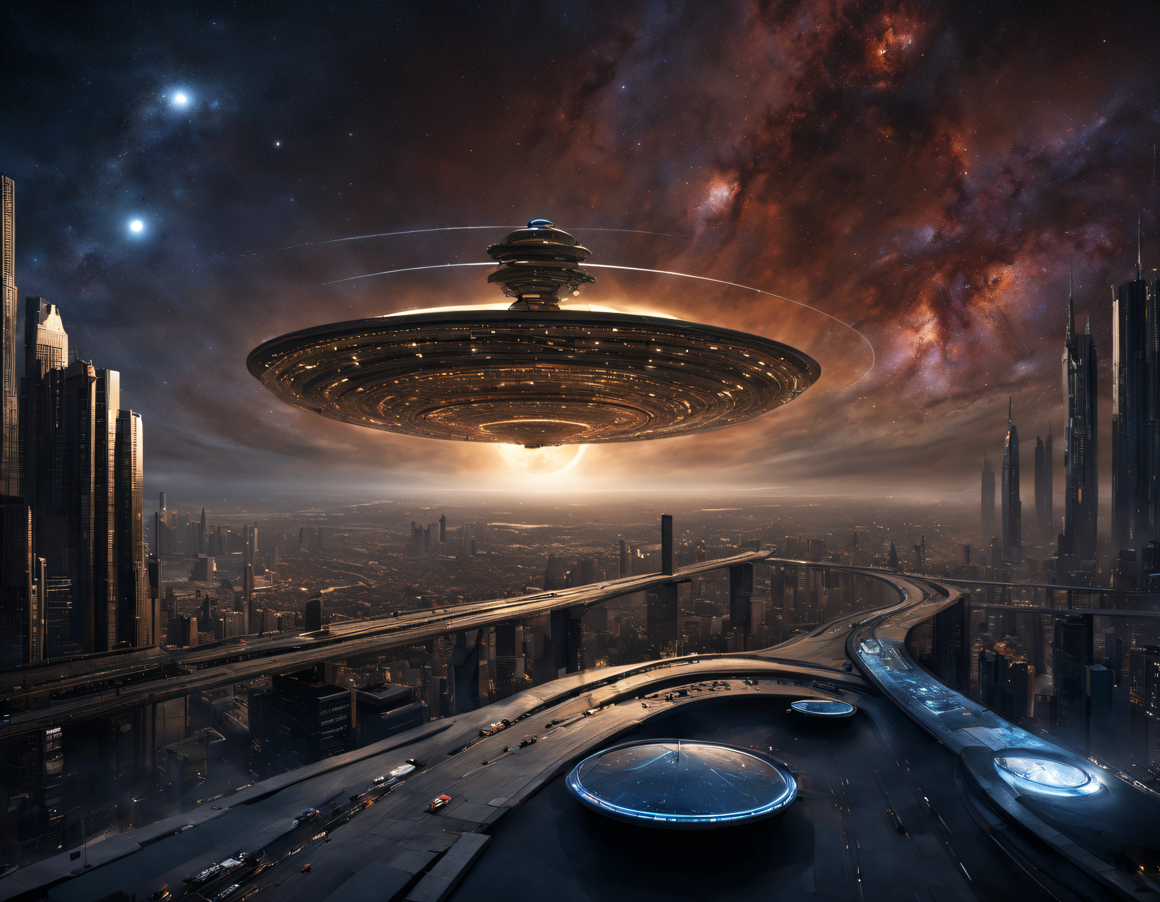 tripulantes de una nave intergalactica minera se posiciona en un planeta, con un nucleo urbano muy antiguo, pero con un pasado claramente tecnologico, con inmensos edificios en un pesimo estado de conservacion y completamente deshabitada. dos tripulantes inspeccionan la ciudad en un ambiente lugubre y iluminado por luz lunar, todo esto en un entorno de ciencia ficcion de primer nivel, ,todo lleno de imaginacion,ciencia ficcion y (intrincados detalles de la maquina).imagen fotorrealista,nitidez maxima, calidad 8k.(obra maestra de calidad superior).(renderizado 3d). obra maestra de superior calidad.