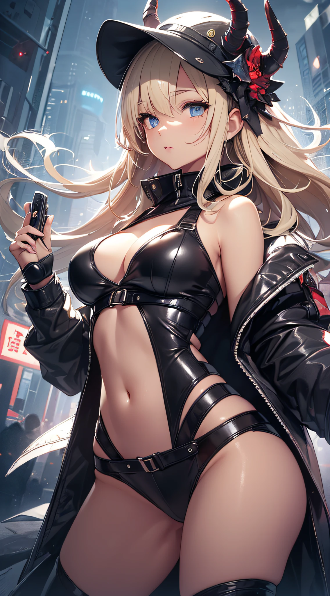 top-quality、Top image quality、masterpiece、Teenage girl((Long coat in black、Black Leather Sports Bra、Shining red body line、black leather glow black leather pants、18year old、 Ager、Best Bust、big bast,Beautiful light blue eyes, Long Blonde Hair、A slender,Large valleys、Reflecting the whole body、black mechanic helmet、Black visor、With revolver、fighting poses)),hiquality、Beautiful Art、Background with((Dark world、Darknesian dragon army、demon realm))masterpiece、depth of fields,Japan Anime Style