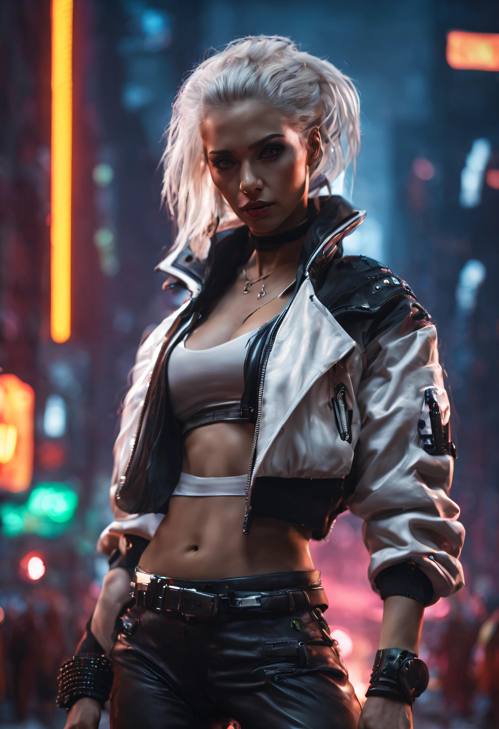 closeup portrait of a 40 year old girl with white hair wearing a white jacket and black pants, dark green eyes, italian skin color, small tits, standing in a dark alleyway of the night city of Night City from the game Cyberpunk 2077. She is dressed in a white leather jacket, numerous belts and buckles, has bright neon inserts on her clothes. She has makeup and facial expression focused and serious. Lights and neon signs of a big night city are visible in the background.The image is in a futuristic cyberpunk style, realistic, with high artistic qualities, with detailing of small objects.", cinematic, 4k, epic Dangiuz style, sharp focus, emitting diodes, smoke, artillery, sparks, racks, unit, motherboard, by pascal blanche rutkowski repin artstation hyperrealism painting concept art of detailed character design matte painting, 4 k resolution blade runner,modelshoot style,photorealistic,MarieK,detailmaster2,Leonardo style ,more detail XL,greg rutkowski,cyberpunk style,Sci-fi