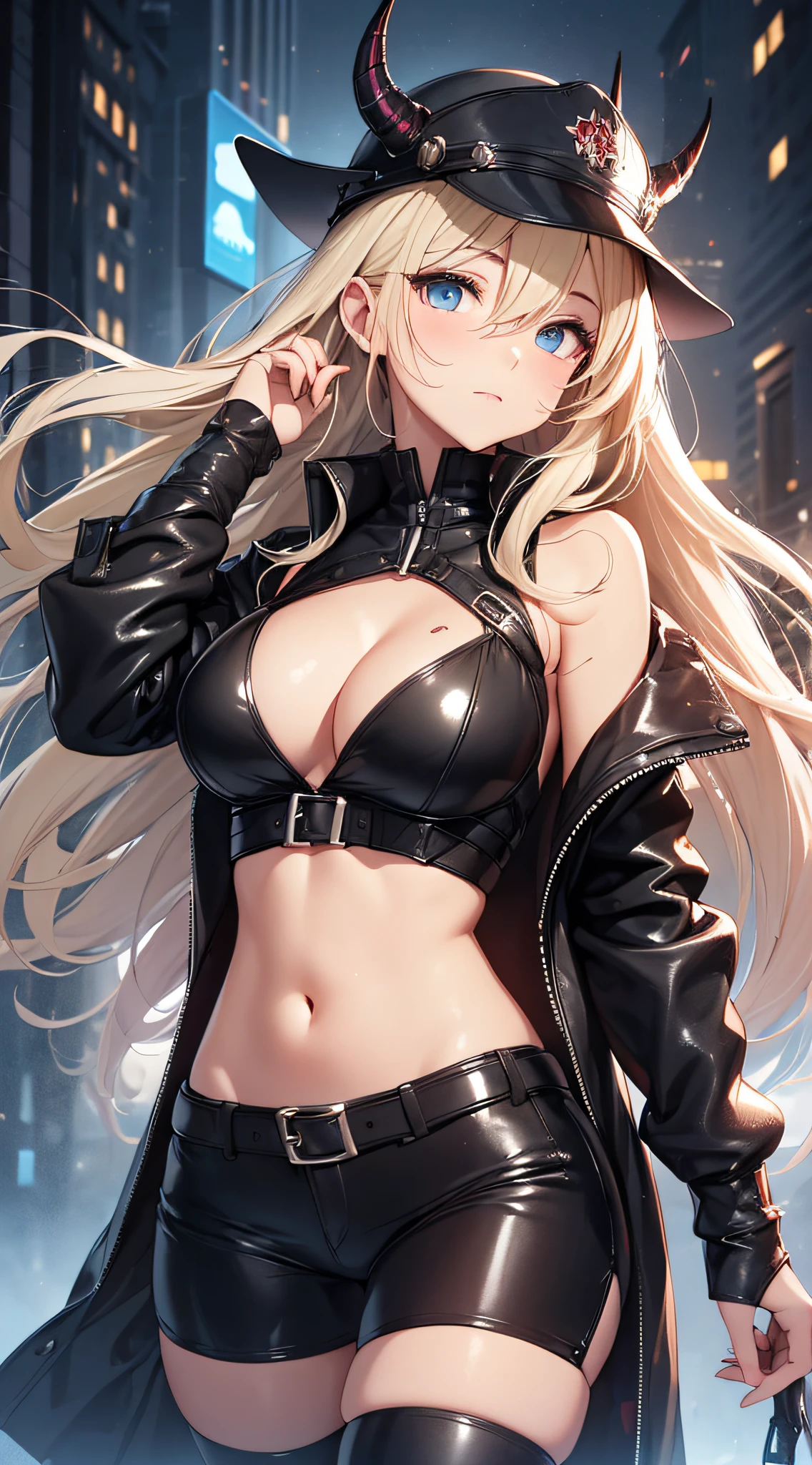 top-quality、Top image quality、masterpiece、 girl((Long coat in black、Black Leather Sports Bra、Shining red body line、black leather glow black leather pants、18year old、 Ager、Best Bust、big bast,Beautiful light blue eyes, Long Blonde Hair、A slender,Large valleys、Reflecting the whole body、black mechanic helmet、Black visor、With revolver、fighting poses)),hiquality、Beautiful Art、Background with((Dark world、Darknesian dragon army、demon realm))masterpiece、depth of fields,Japan Anime Style