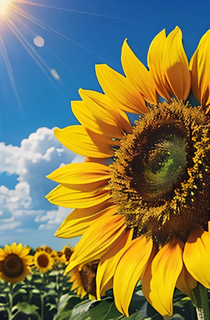 Close-up of a sunflower field,The background is blue sky, colours : himawari, (Scenes : sunflower fields), helianthus flowers, Crystal sunflower, and the sun was shining brightly, Sunflowers in full bloom,tmasterpiece,lamplight,k hd,