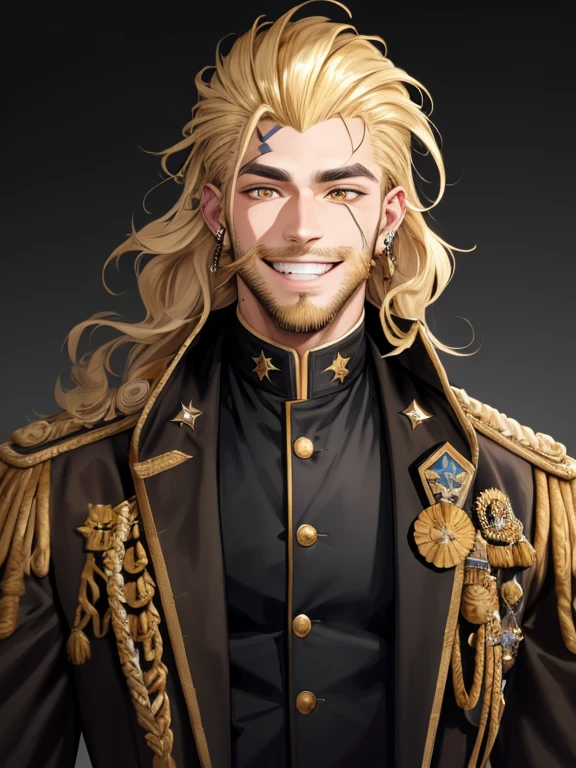1 Human Man, blonde mane-like hair, gold eyes, neck tattoo, smiling, show teeth, eyebrow piercing, ear piercings, beard stubble, black and gold military coat, fit clothes, military general, night, high res, 8k, masterpiece, looking at viewer
