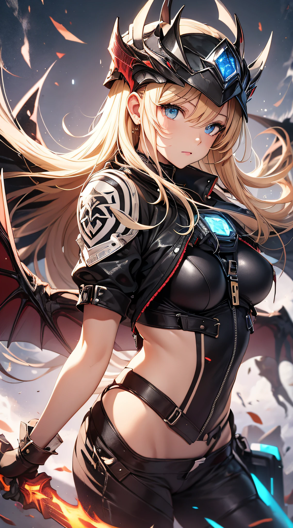 top-quality、Top image quality、​masterpiece、 girl((Black jacket、black mechanic body、Shining red body line、Black Bikini Armor、18year old、 Ager、Best Bust、big bast,Beautiful light blue eyes, Long Blonde Hair、A slender,Large valleys、Reflecting the whole body、black mechanic helmet、Black visor、mechanical red sword、Black wings、rear cable、mid air、flying though the air,fighting poses)),hiquality、Beautiful Art、Background with((Dark world、The Dark Legion、Fire Dragon、demon realm、Red background))​masterpiece、depth of fields,Japan Anime Style