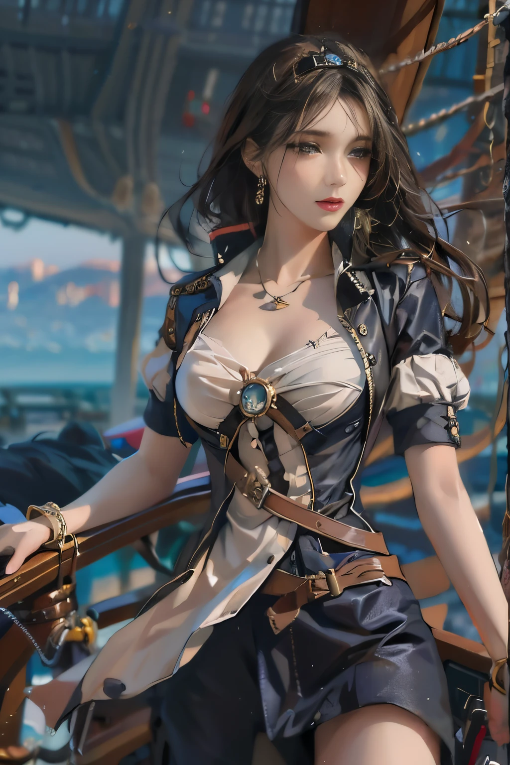 Arafe woman in black and white dress on a boat, by Yang J, steampunk beautiful anime woman, a steampunk beautiful goddess, (Steampunk), ( Steampunk ), pirate clothing, Anime Girl , in detailed steampunk dress, wearing steampunk attire, steampunk fantasy style, ruan jia and artgerm, by Fan Qi, Trending on CGSTATION, trending at cgstation