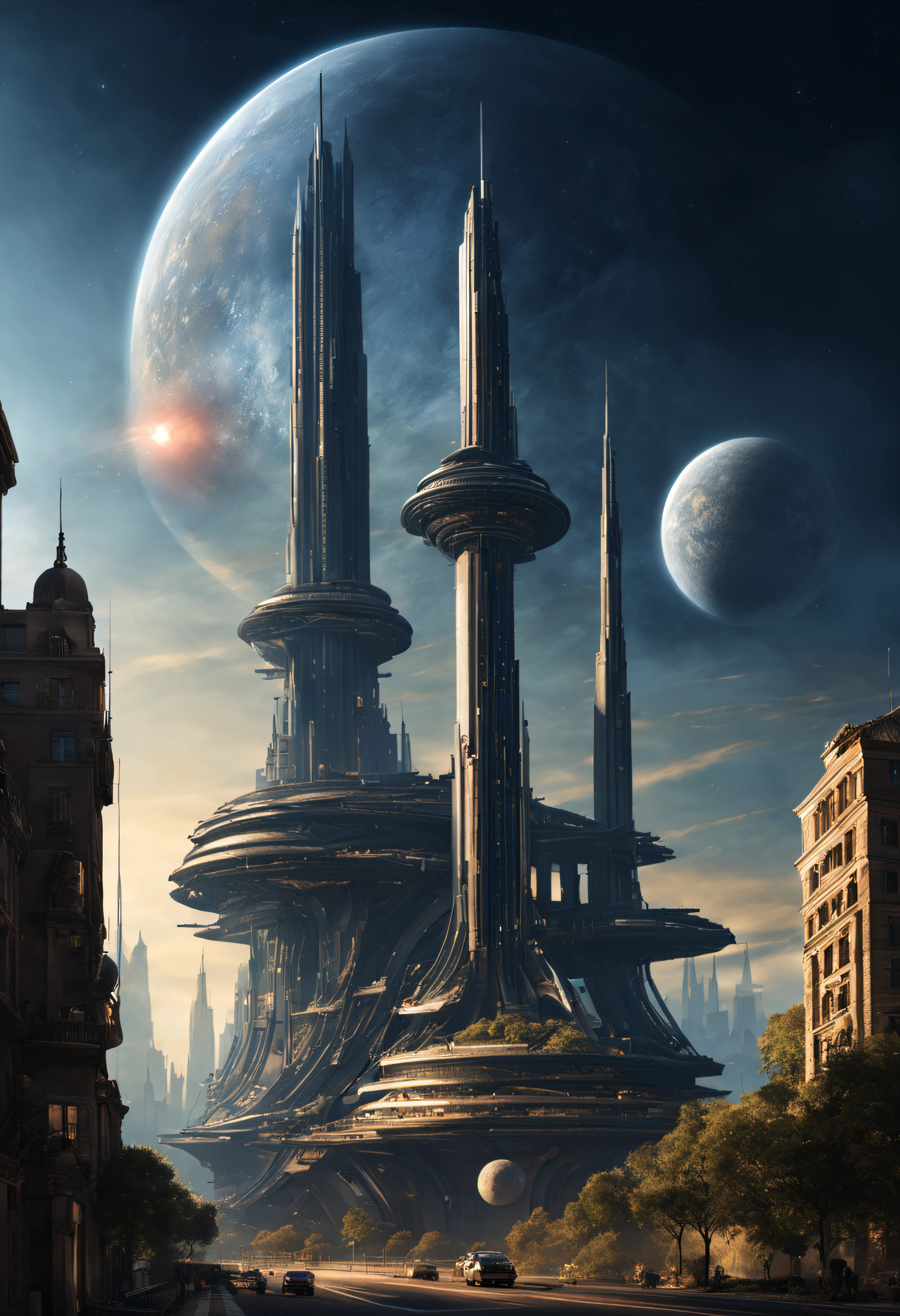 tripulantes de una nave intergalactica minera se posiciona en un planeta, con un nucleo urbano muy antiguo, pero con un pasado claramente tecnologico, con inmensos edificios en un pesimo estado de conservacion y completamente deshabitada. dos tripulantes inspeccionan la ciudad en un ambiente lugubre y iluminado por luz lunar, todo esto en un entorno de ciencia ficcion de primer nivel, ,todo lleno de imaginacion,ciencia ficcion y (intrincados detalles de la maquina).imagen fotorrealista,nitidez maxima, calidad 8k.(obra maestra de calidad superior).(renderizado 3d). obra maestra de superior calidad.
