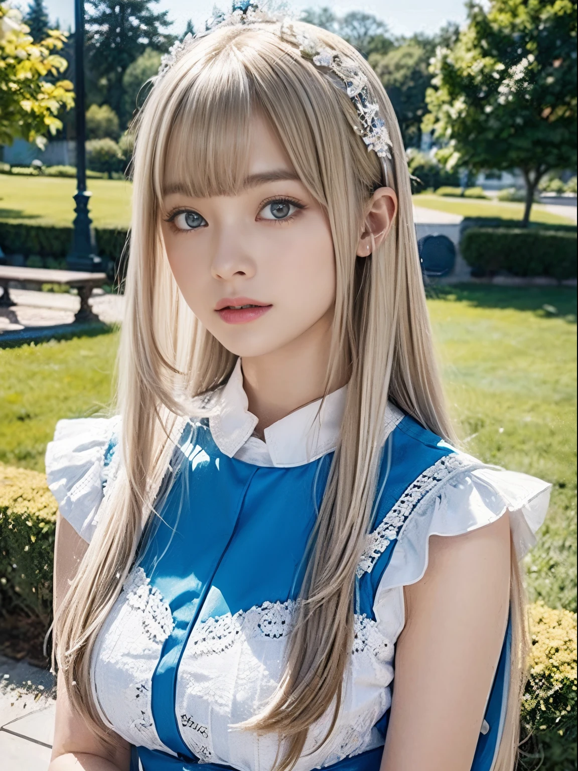 portlate、Alice in Wonderland、Blue sky、Bright and very beautiful face、Young shiny shiny white shiny skin、Best Looks、The most beautiful bright blonde hair in the world、finer hair、Super long silky straight hair、Beautiful bangs that shine、Glowing crystal clear big blue eyes、Very beautiful lovely most beautiful girl in the world、White Apron、Blue Dress、large full breasts